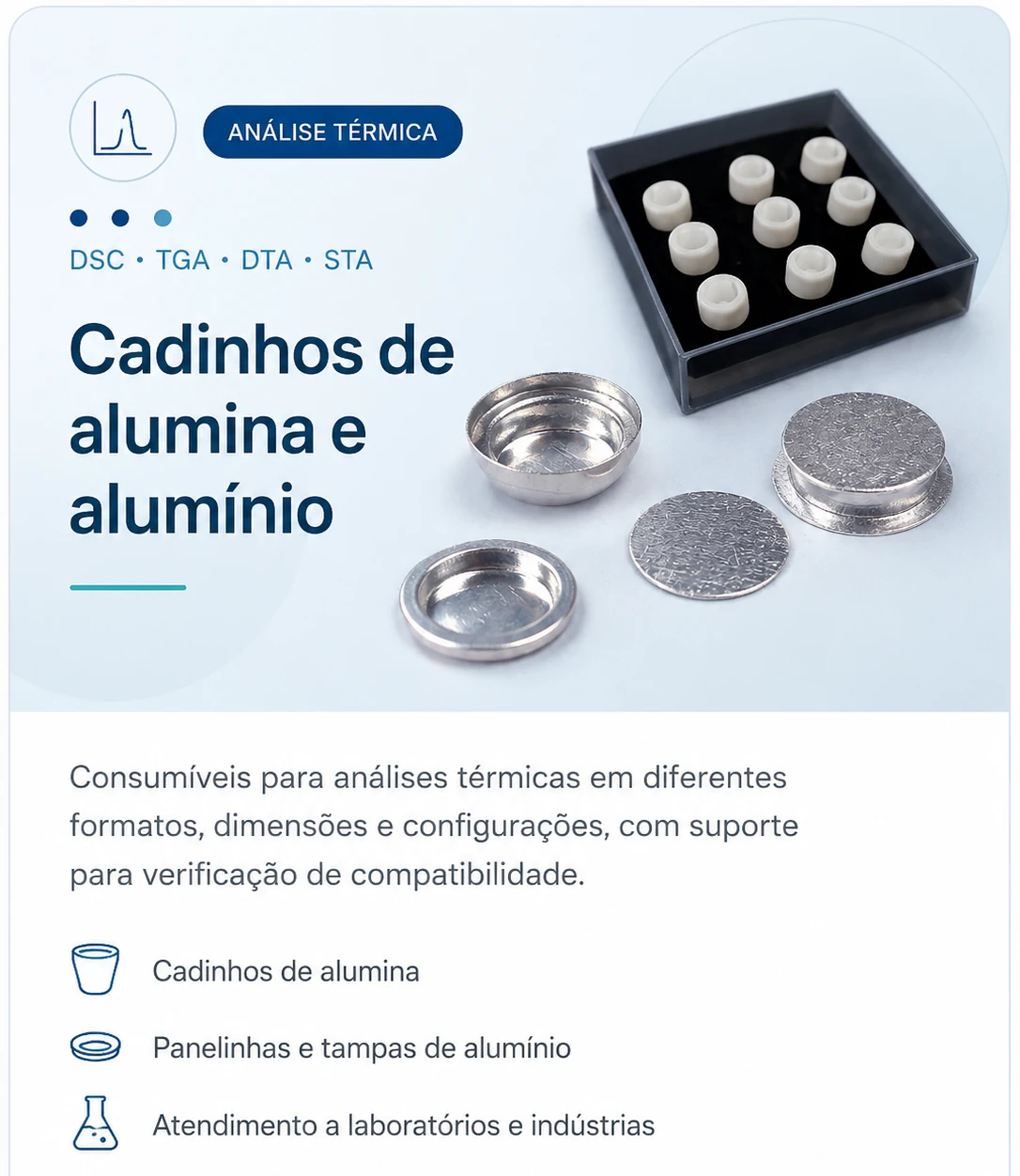 Card de cadinhos de alumina e alumínio para análises DSC, TGA, DTA e STA