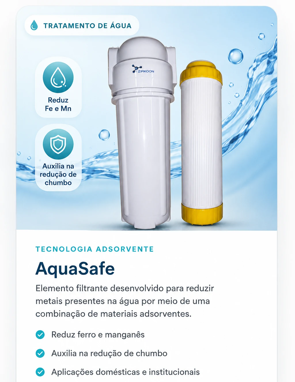 Card do AquaSafe, filtro para redução de ferro, manganês e auxílio na redução de chumbo