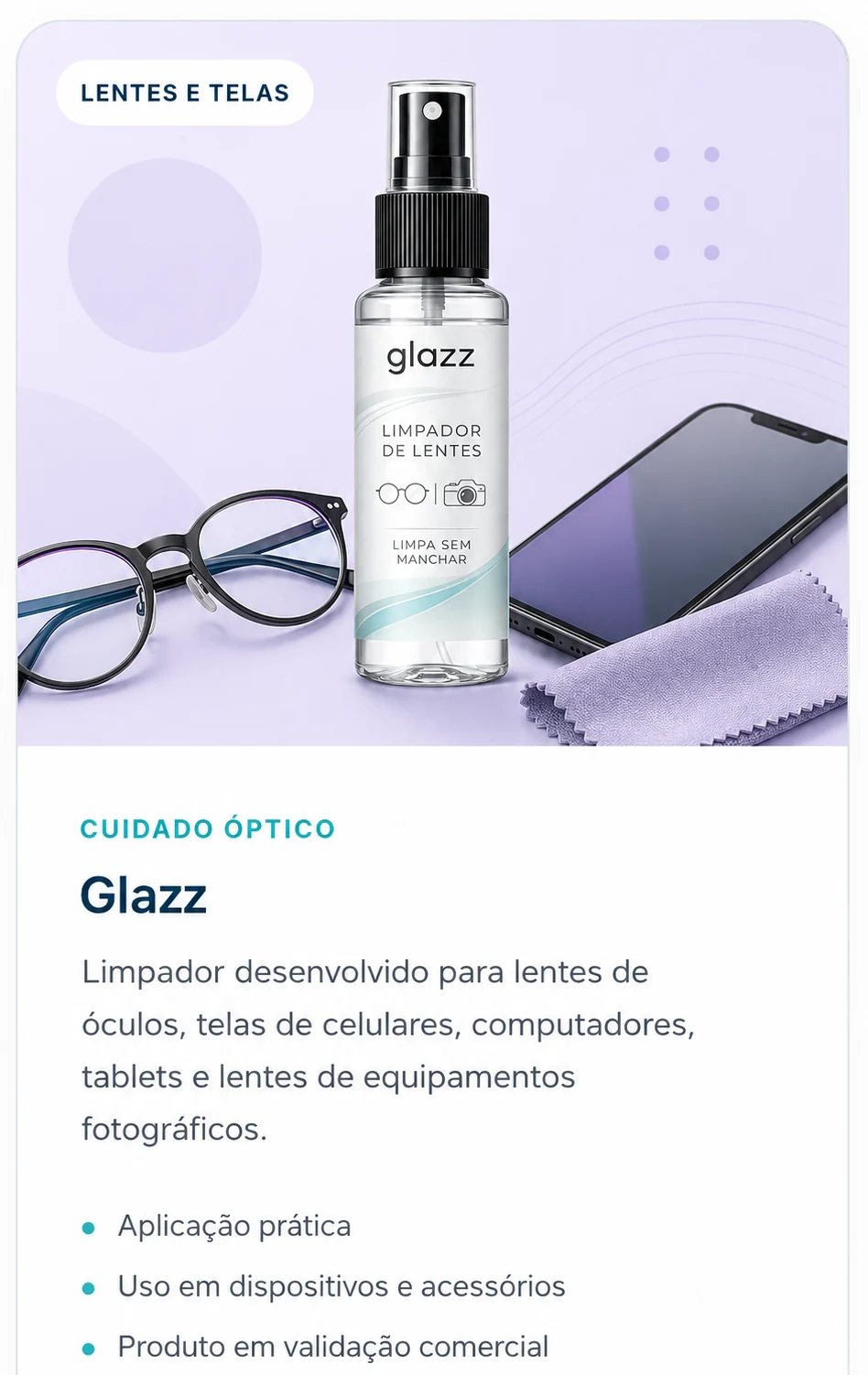 Card do Glazz, limpador para lentes, óculos, celulares e telas